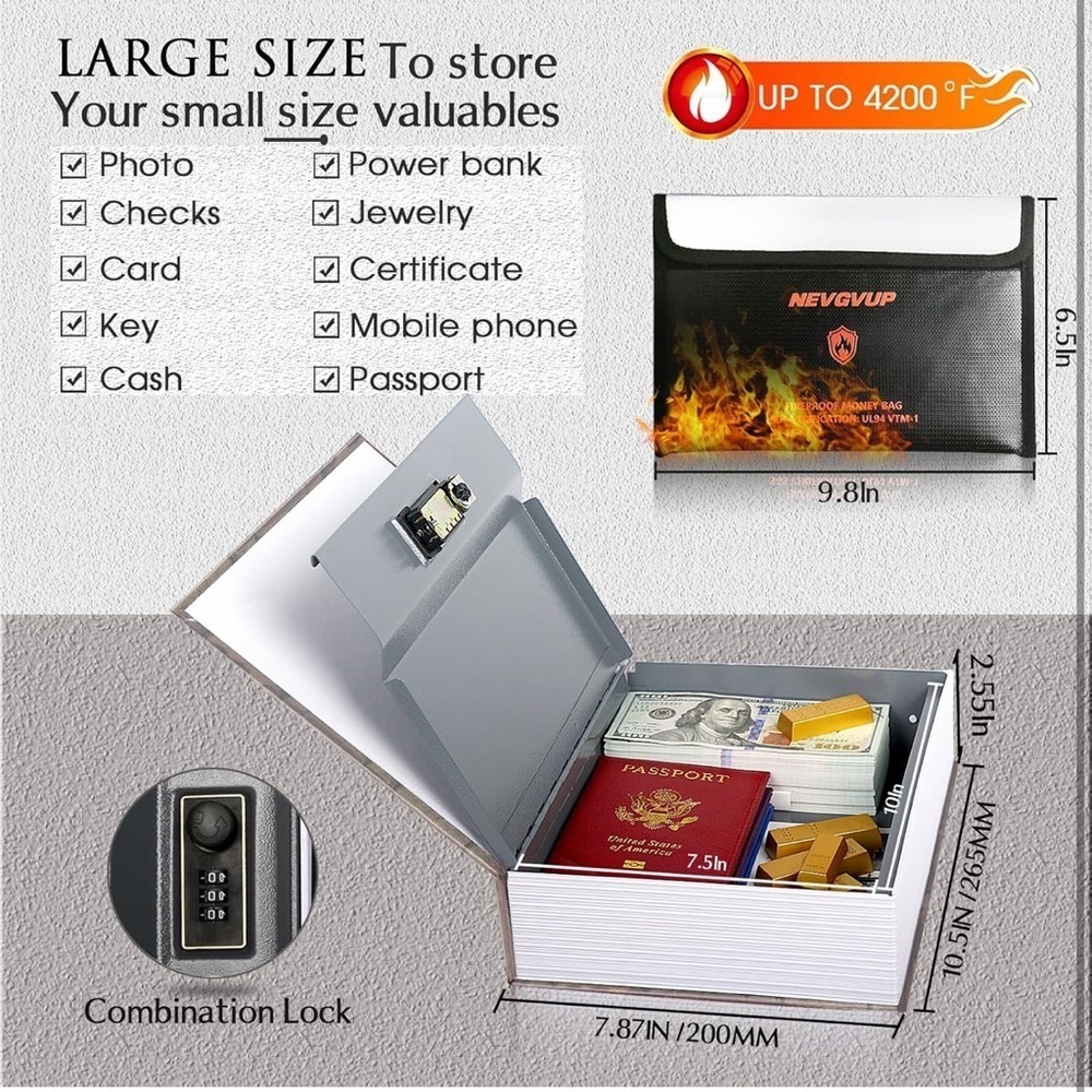 Fireproof Book Safe, 4200°F Money Bag Combination Lock, Fake Book Hidden Storage - Picture 2 of 8